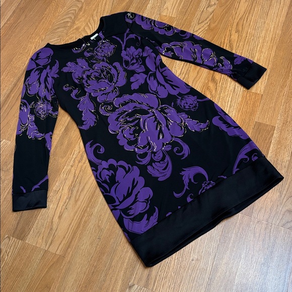 Cache Dresses & Skirts - Cache, elegant black purple and gold floral long sleeve mini dress. Size 10.